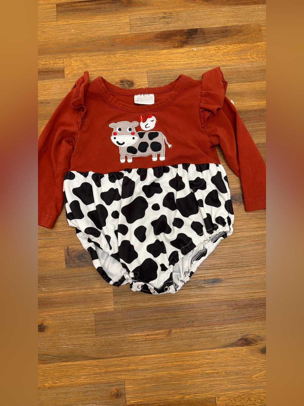 Rust Red Cow Applique Baby Romper with Black & White Cow Print